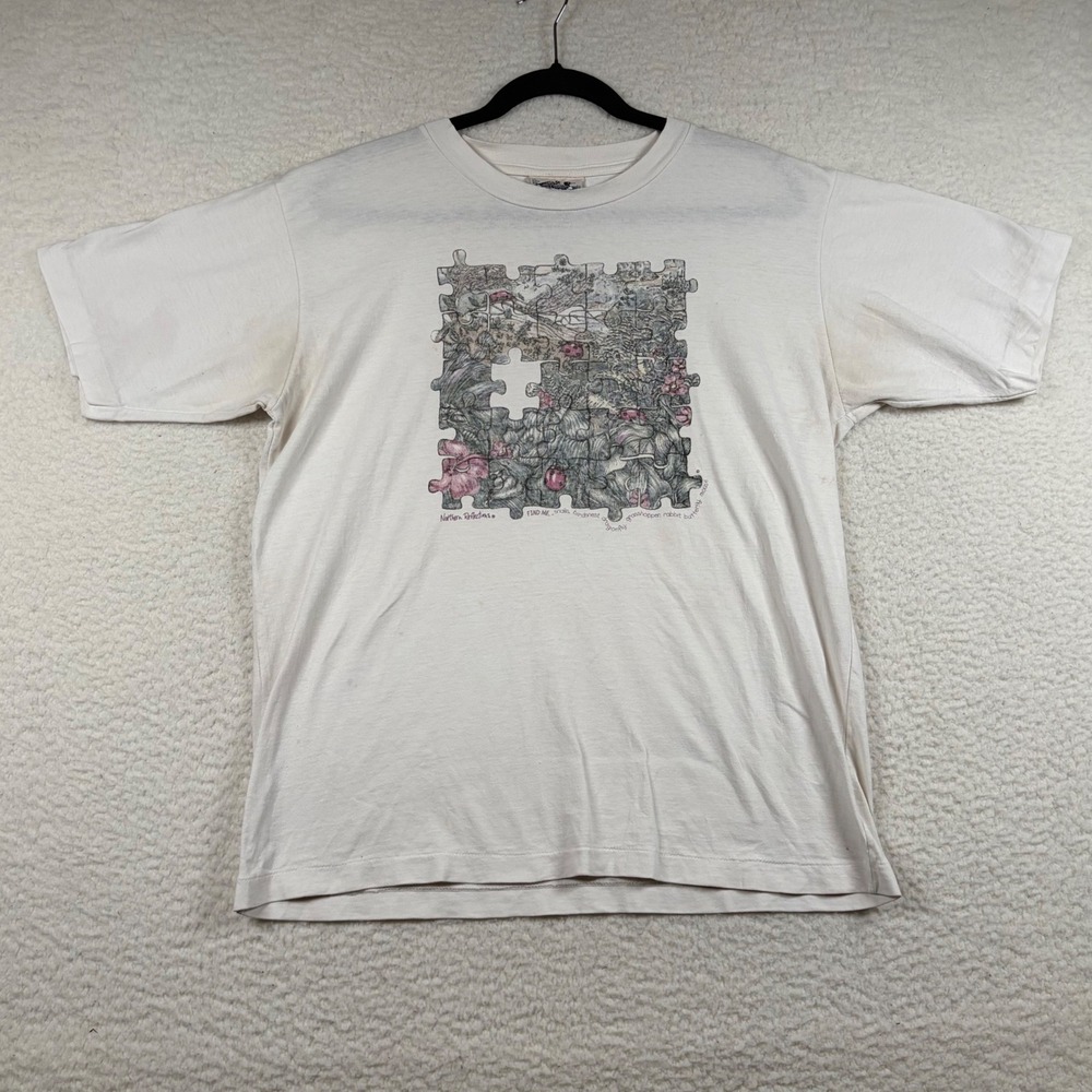 Vintage Northern Reflections Puzzle Graphic Tee Women Nature White L Cottagecore